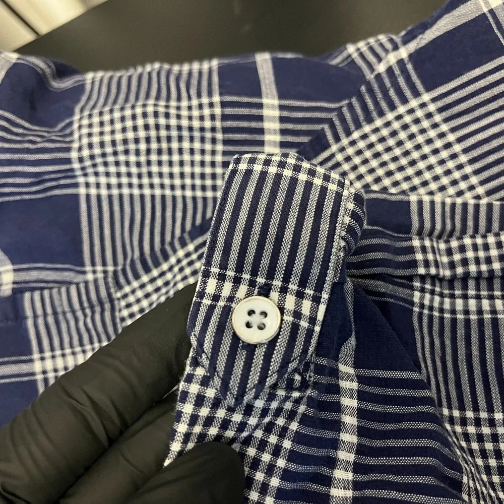 Banana Republic Button Up Short Sleeve Shirt Men Blue White Plaid Slim Fit Large
